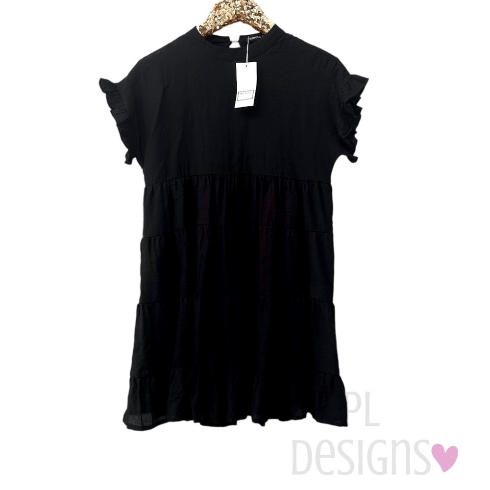 MIHOLL Dress Ruffle Tiered Black Flowy Loose Swing Mini Dress Babydoll